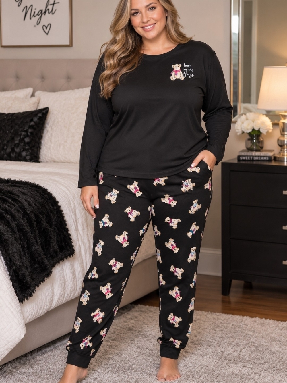 Joyspun | Teddy Bear Novelty Print 2-Piece Pajama Jogger Set | Size Large